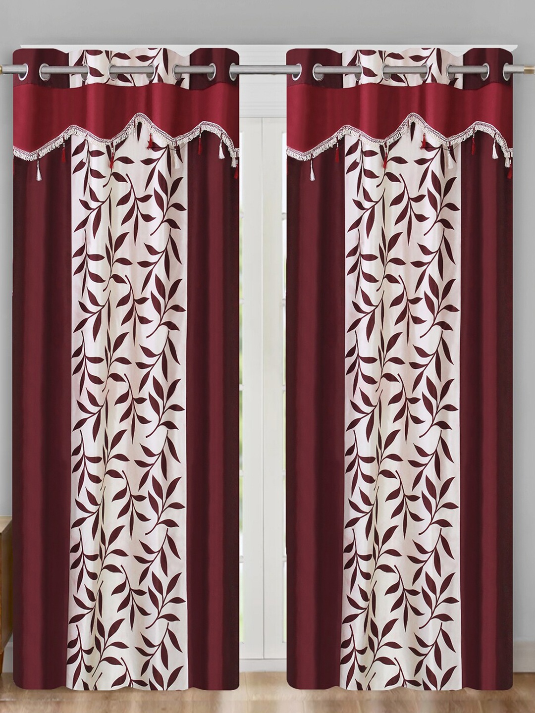 

Aura Maroon & White 2 Pieces Floral Printed Room Darkening Eyelet Door Curtains