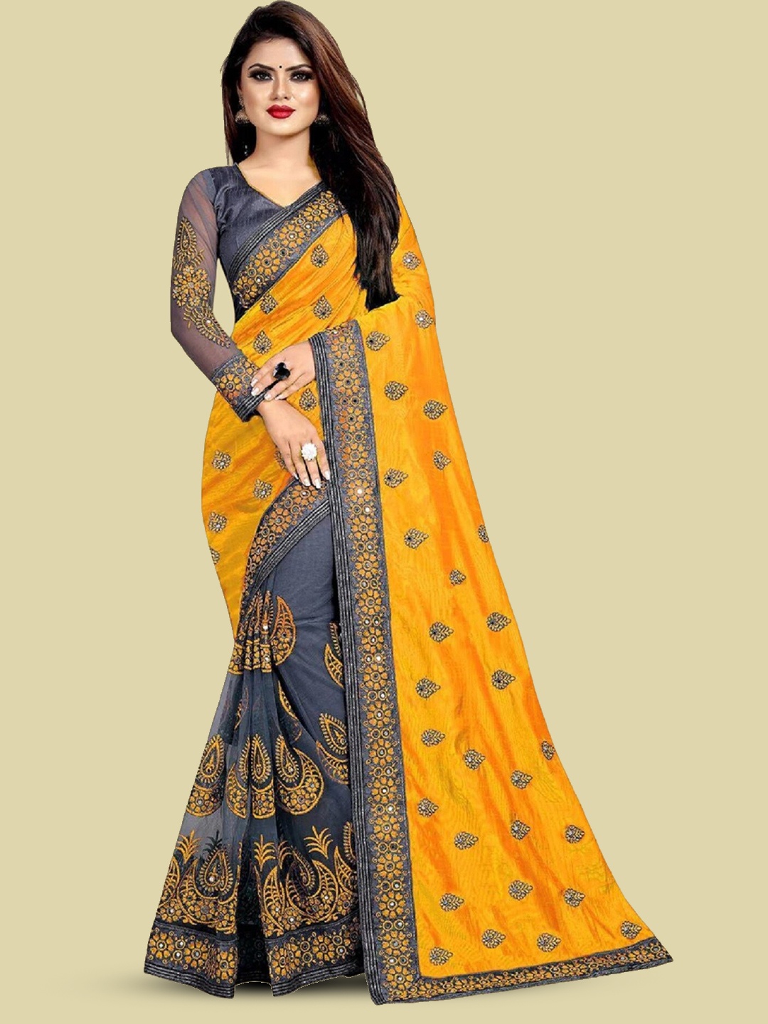 

JULEE Ethnic Motifs Embroidered Pure Silk Saree, Yellow