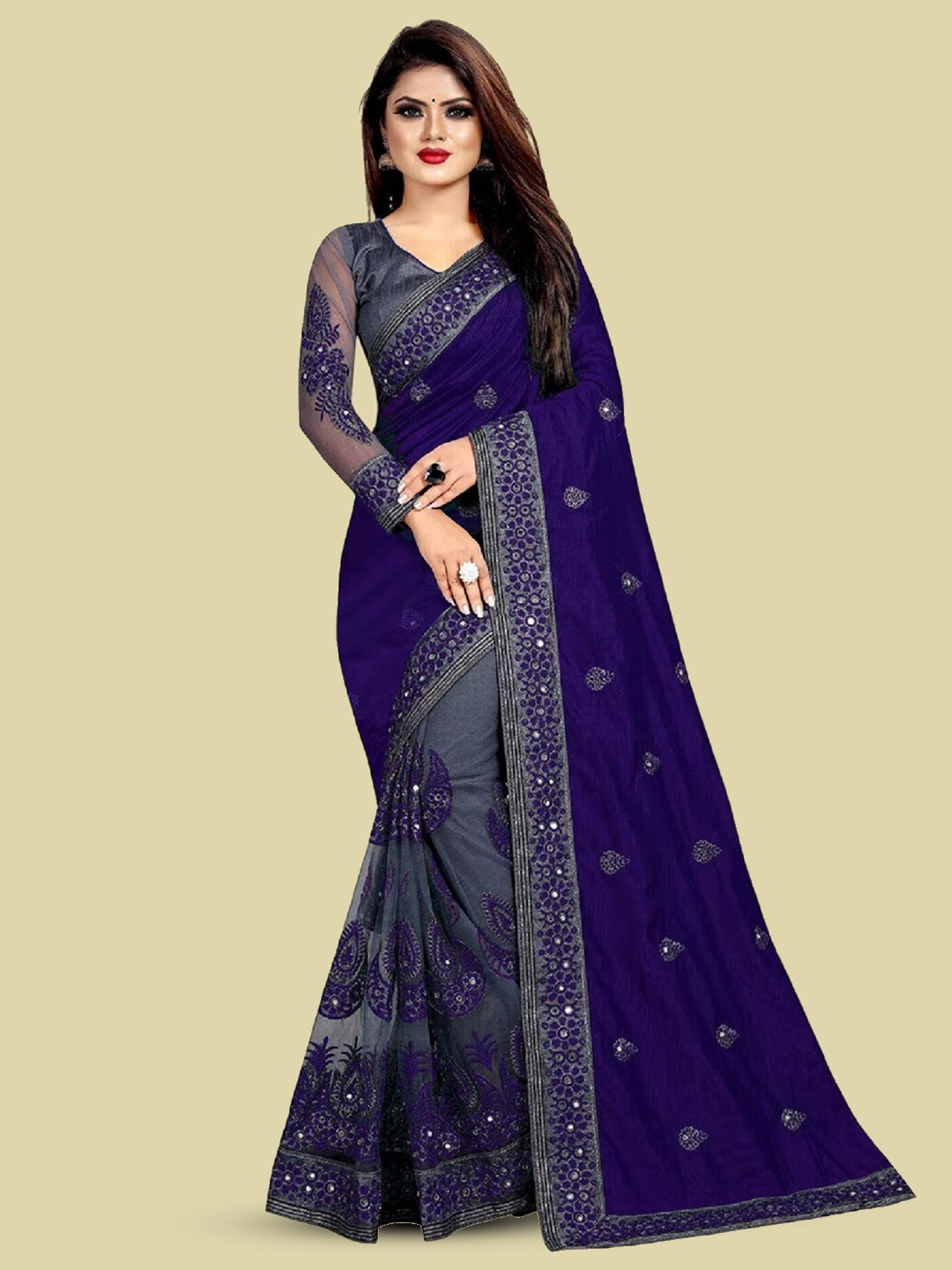 

JULEE Navy Blue Ethnic Motifs Embroidered Pure Silk Half and Half Saree