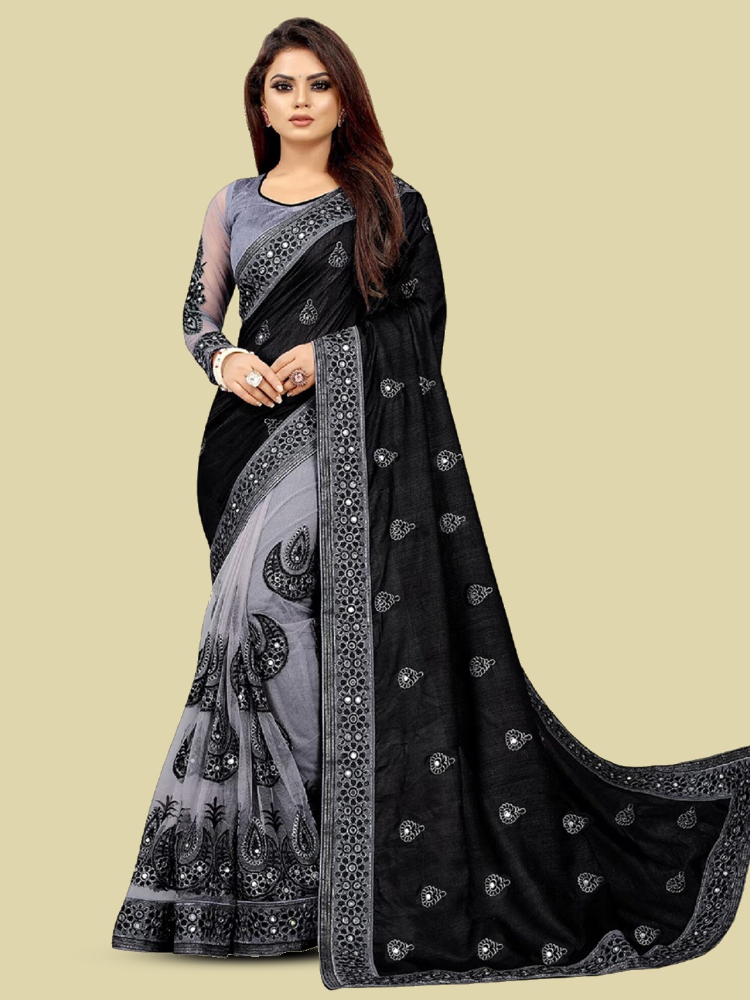 

JULEE Ethnic Motifs Embroidered Pure Silk Saree, Black