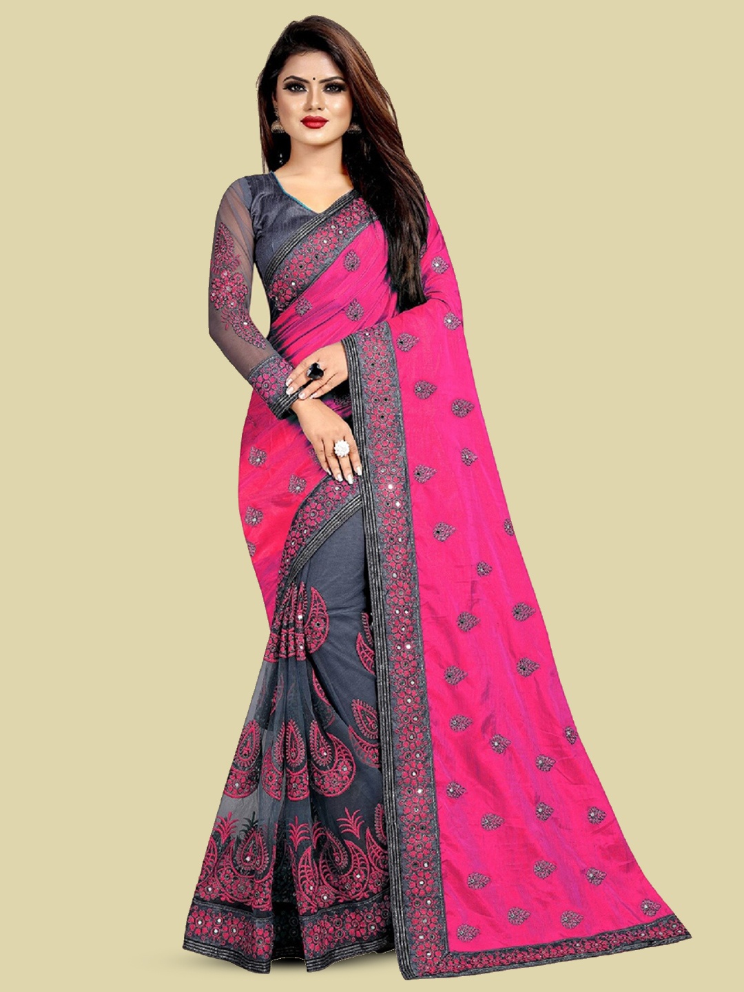 

JULEE Ethnic Motifs Embroidered Pure Silk Half and Half Saree, Pink