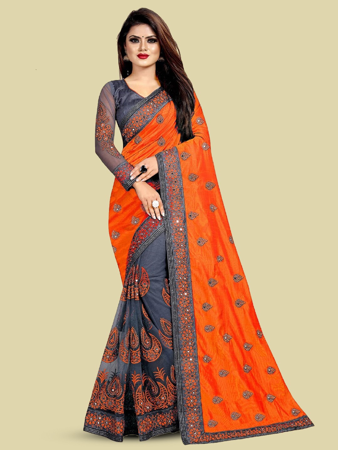 

JULEE Orange & Grey Ethnic Motifs Embroidered Pure Silk Saree