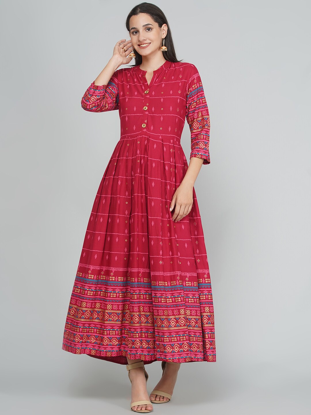 

Aaysa Kurti Ethnic Motifs Printed Mandarin Collar Anarkali Kurta, Maroon