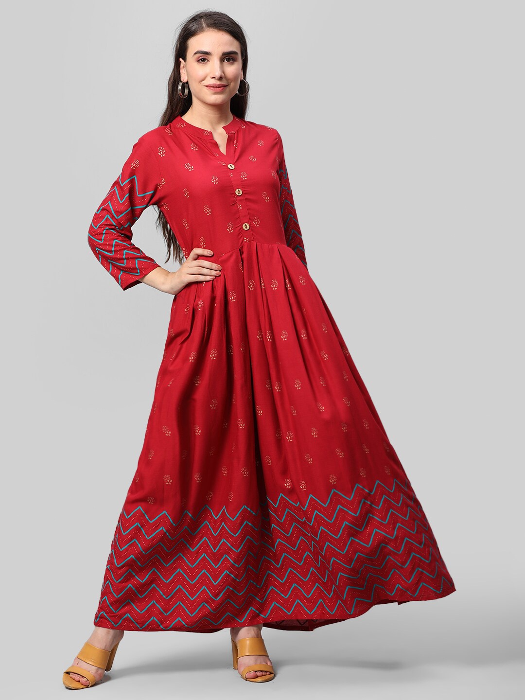 

Aaysa Kurti Ethnic Motifs Printed Mandarin Collar Anarkali Kurta, Maroon