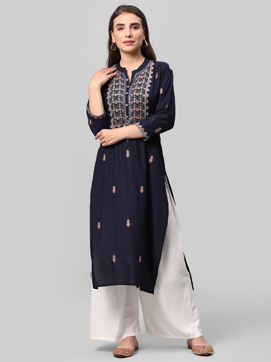 

Aaysa Kurti Floral Embroidered Mandarin Collar Mirror Work Straight Kurta, Navy blue