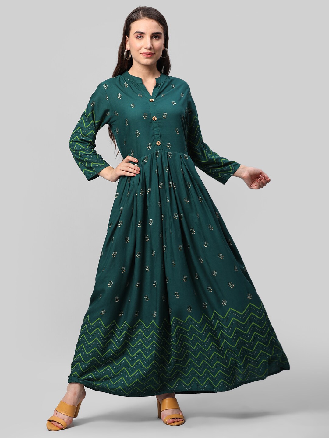 

Aaysa Kurti Ethnic Motifs Printed Mandarin Collar Anarkali Kurta, Green