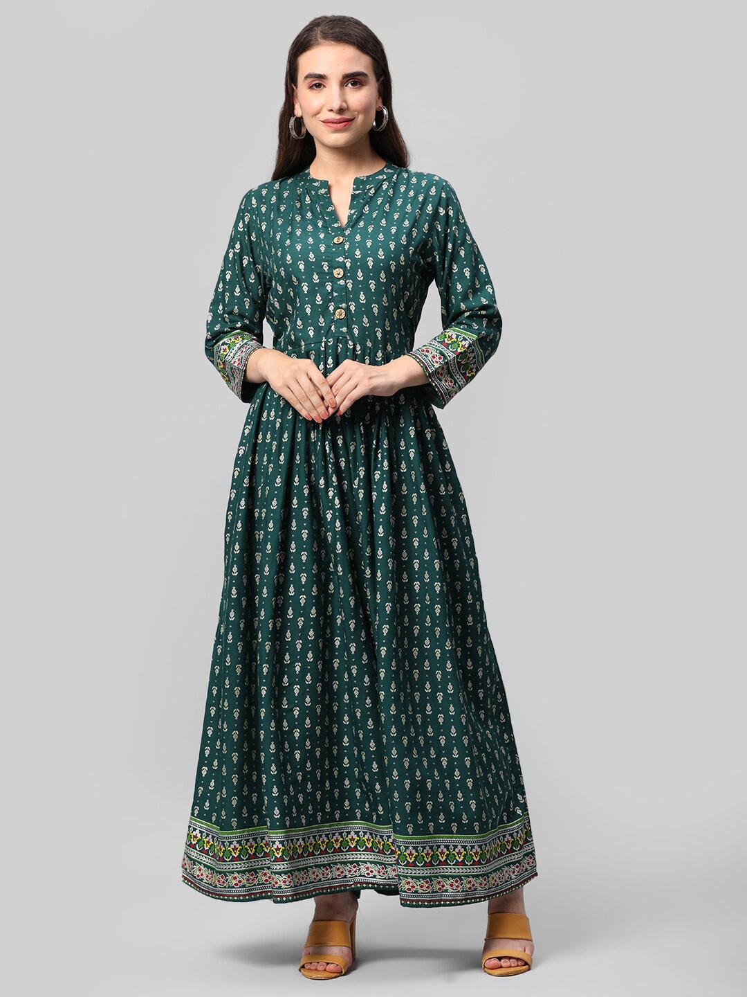 

Aaysa Kurti Ethnic Motifs Printed Mandarin Collar Pleated Detailed Maxi Ethnic Dress, Green