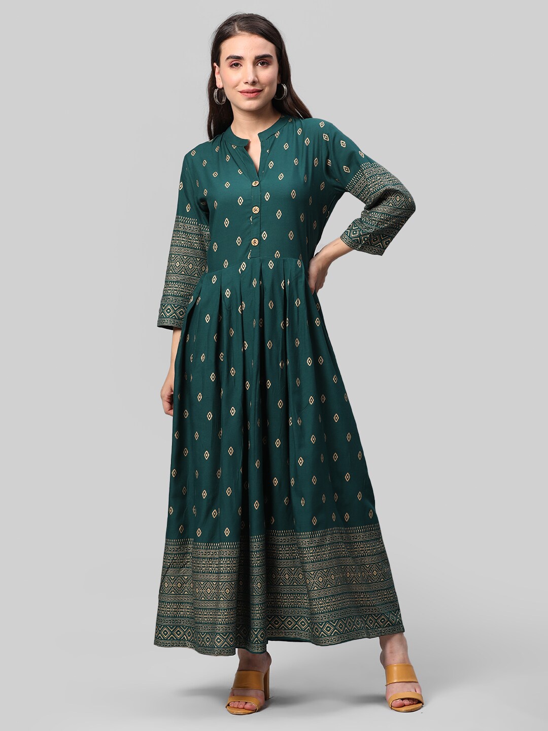 

Aaysa Kurti Ethnic Motifs Printed Mandarin Collar Pleated Detailed Maxi Ethnic Dress, Green