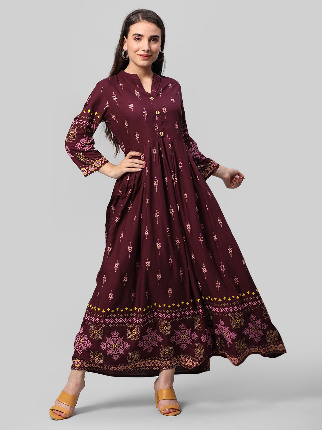 

Aaysa Kurti Ethnic Motifs Printed Mandarin Collar Fit & Flare Ethnic Dress, Coffee brown