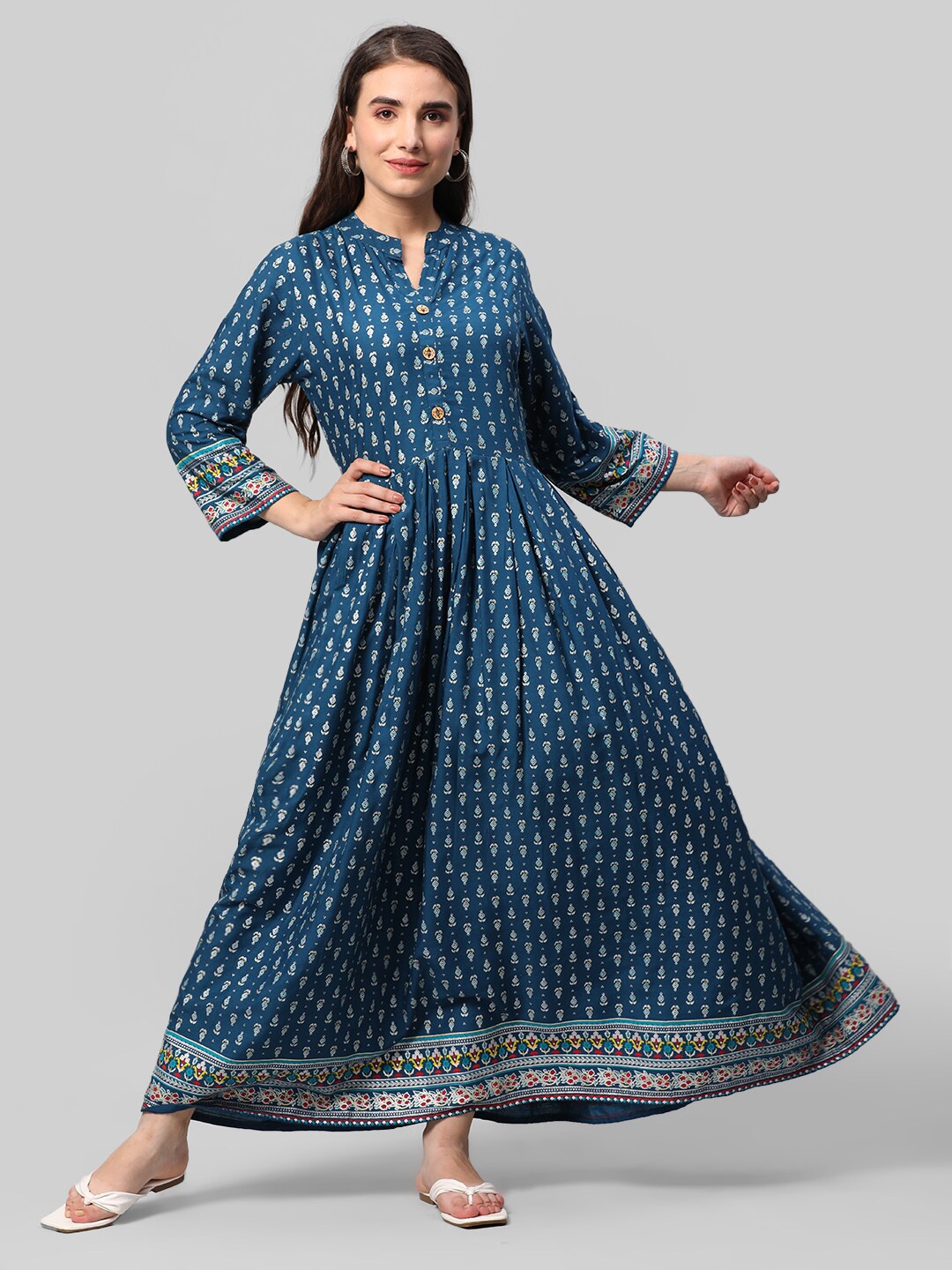 

Aaysa Kurti Ethnic Motifs Printed Mandarin Collar Fit & Flare Ethnic Dress, Blue