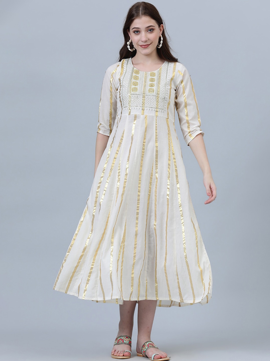 

Aaysa Kurti Striped Cotton Fit & Flare Ethnic Dress, Off white
