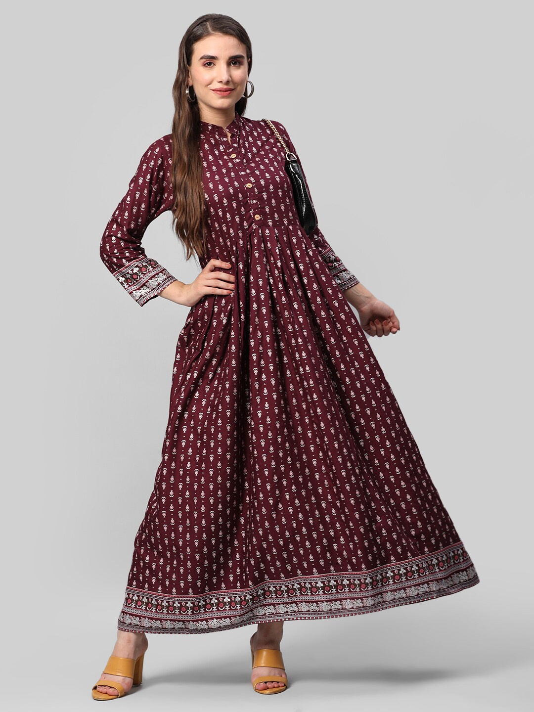 

Aaysa Kurti Ethnic Motifs Printed Mandarin Collar Fit & Flare Ethnic Dress, Coffee brown