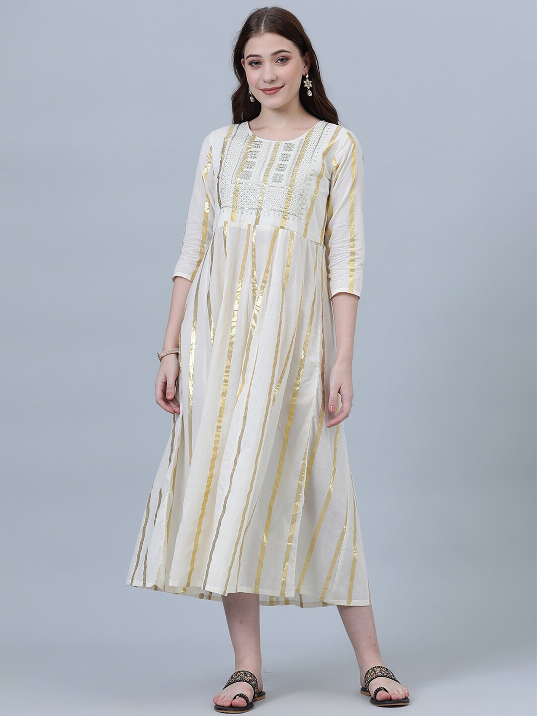 

Aaysa Kurti Striped Cotton Fit & Flare Ethnic Dress, Off white