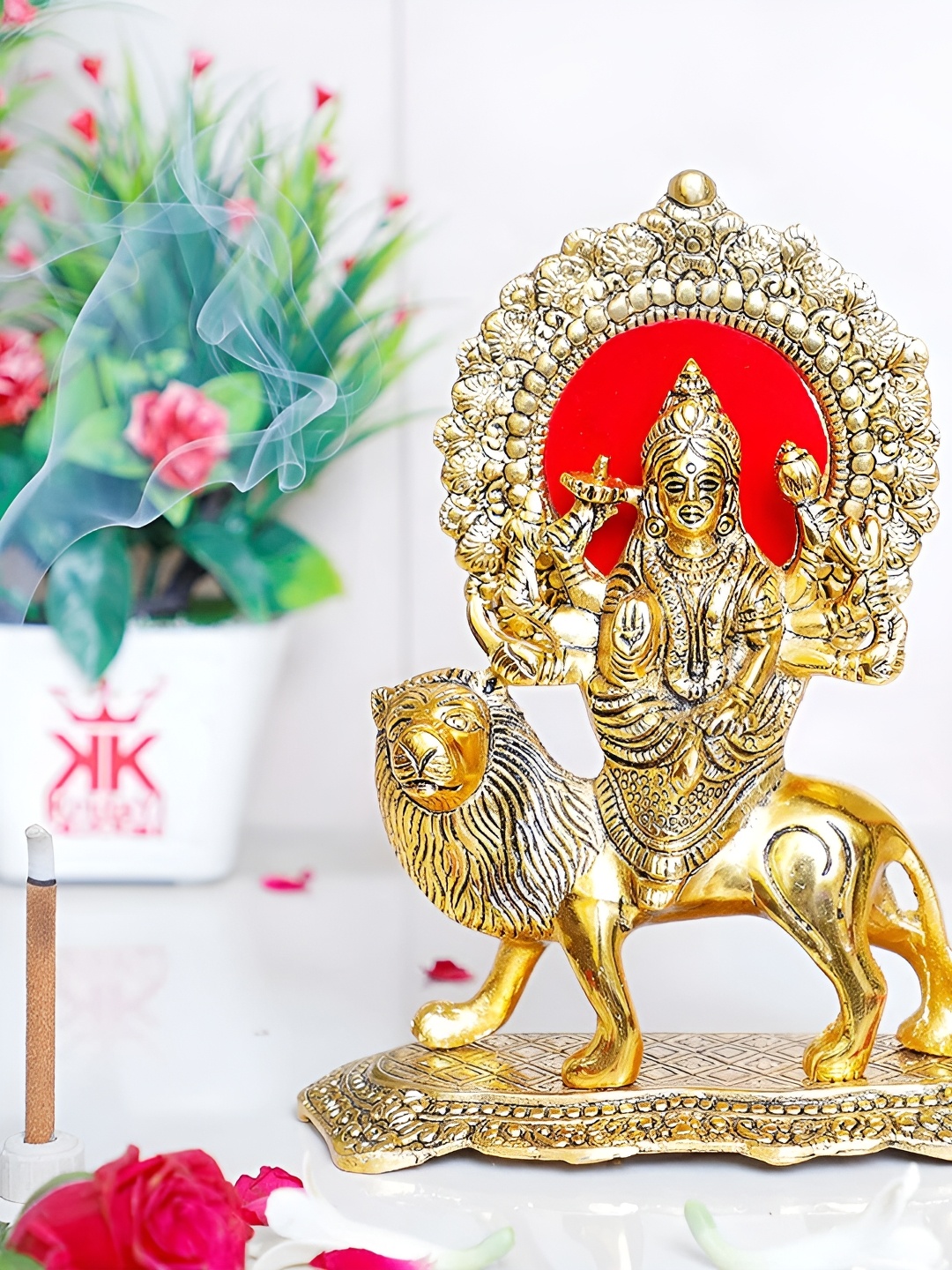 

Navyaksh GoldToned and Red Metal Statue of MATA Sherawali Maa Durga on Lion Idol Showpiece, Gold