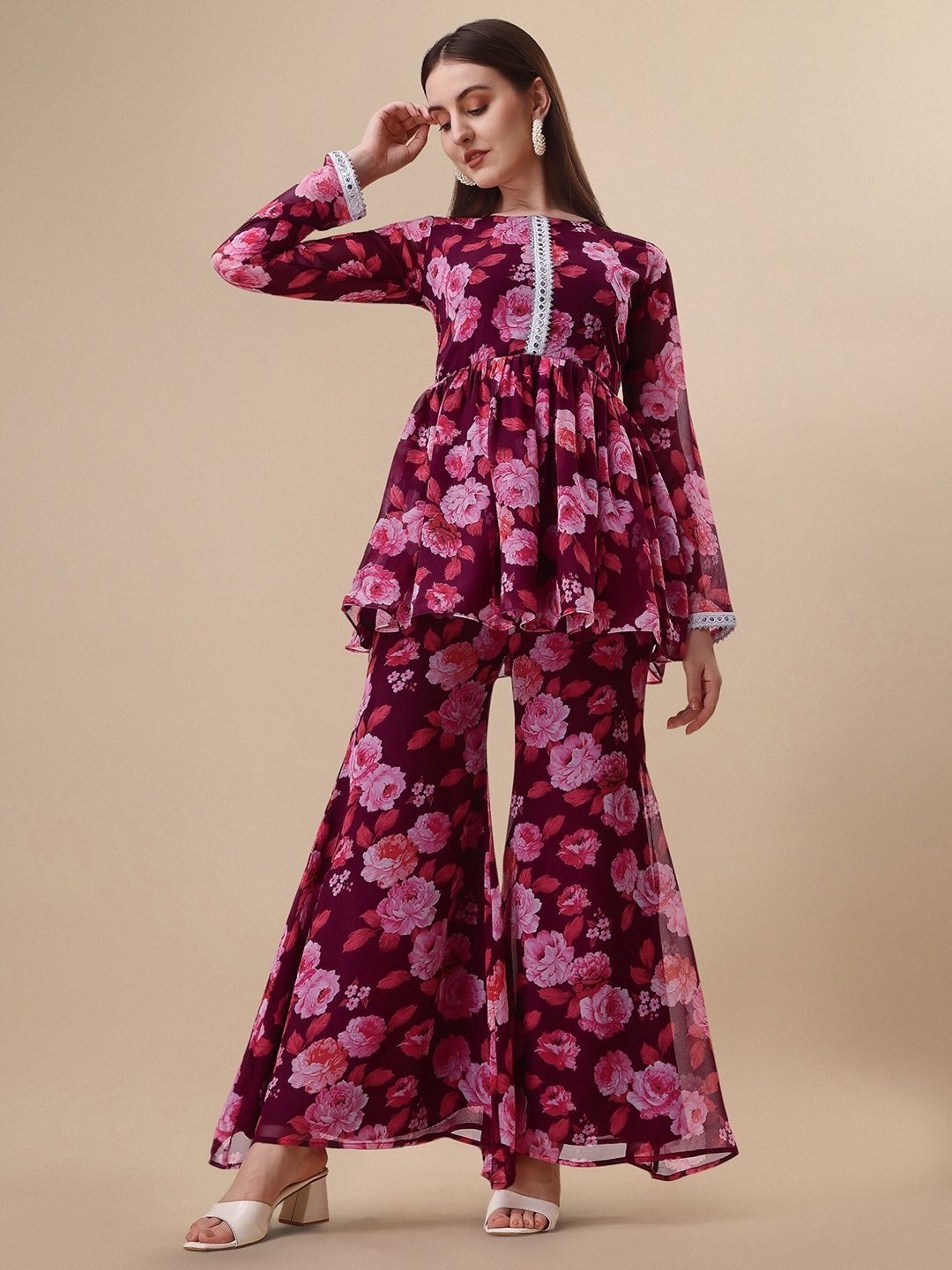 

NIZA FASHION Floral Printed Anarkali Kurti with Sharara, Pink