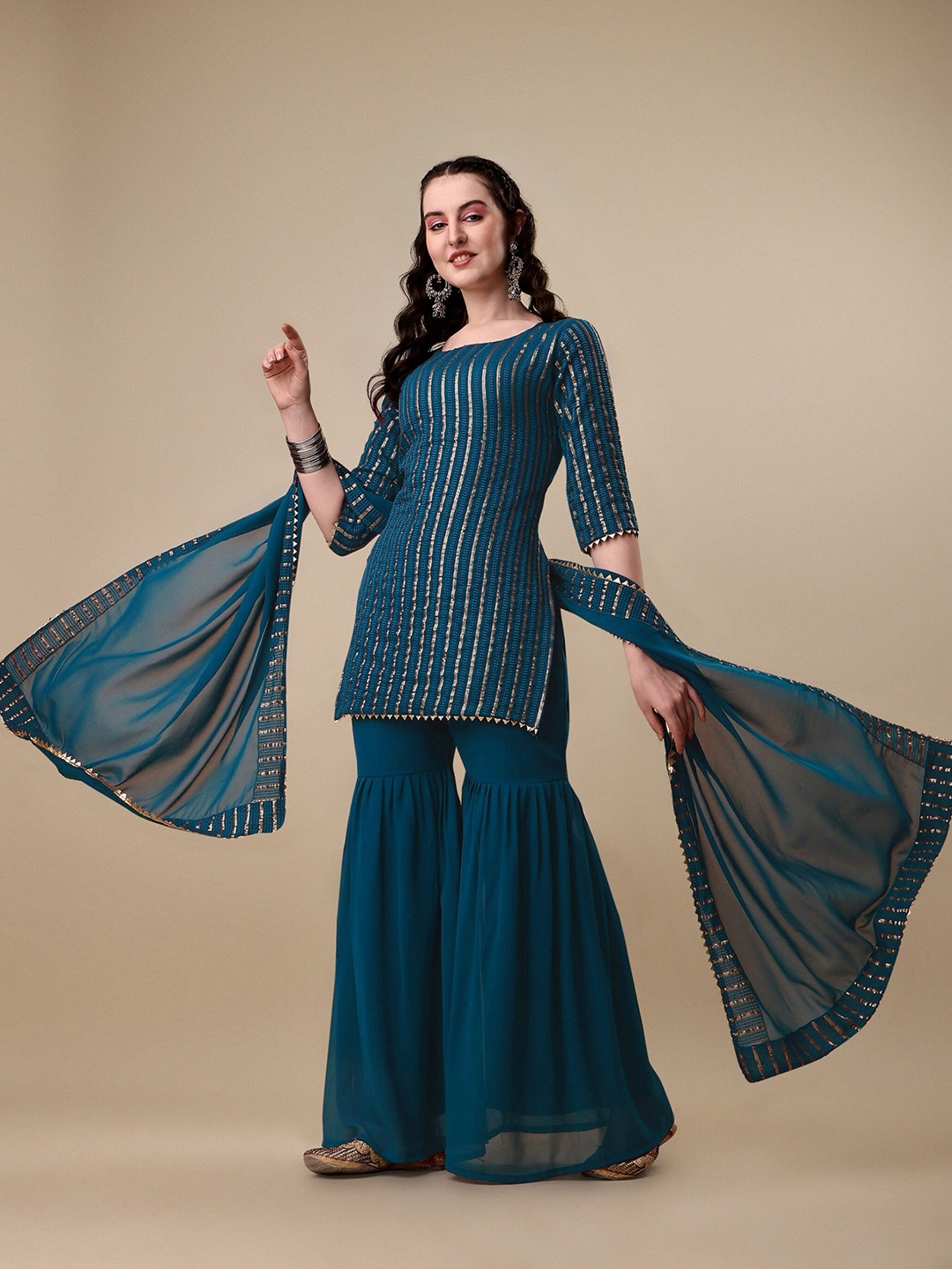 

NIZA FASHION Embroidered Regular Sequinned Kurta with Sharara & With Dupatta, Blue
