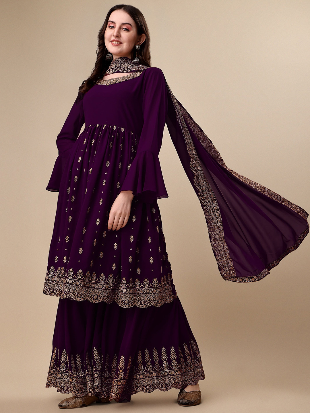

NIZA FASHION Floral Embroidered Empire Sequinned Kurta with Sharara & Dupatta, Purple