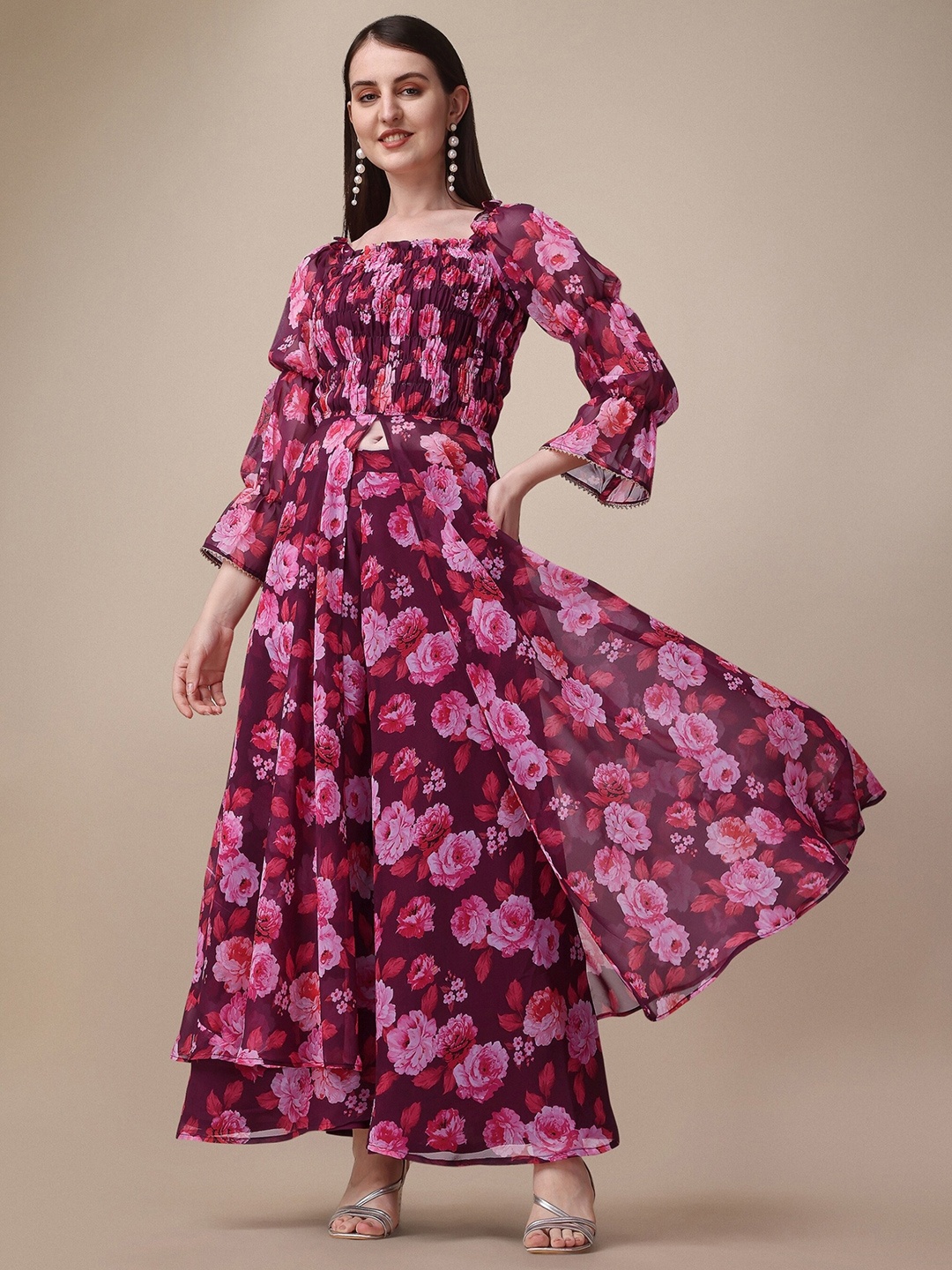

NIZA FASHION Floral Printed Kurta With Sharara & Dupatta, Purple