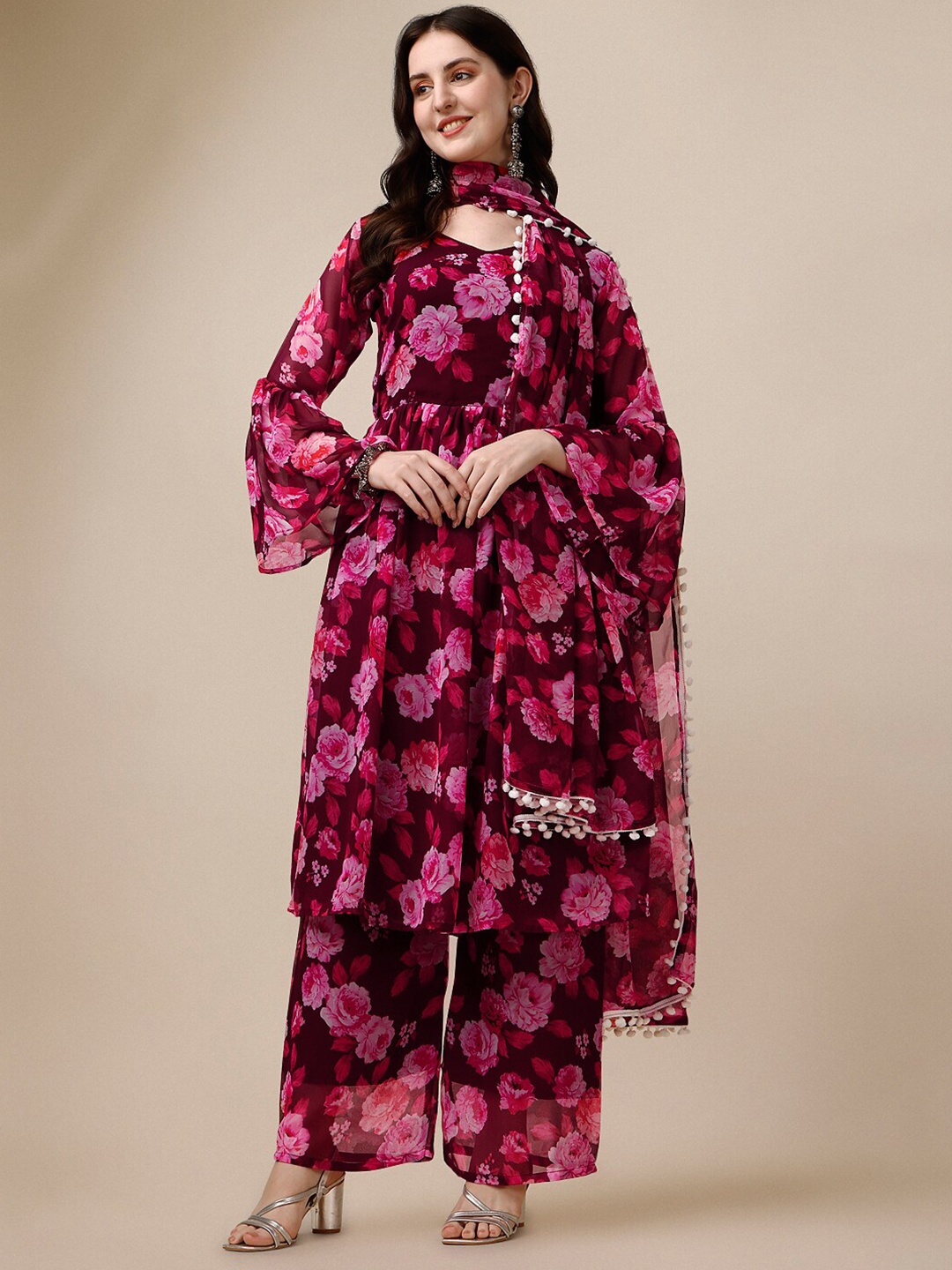 

NIZA FASHION Floral Printed Bell Sleeves Anarkali Georgette Kurta With Sharara & Dupatta, Purple