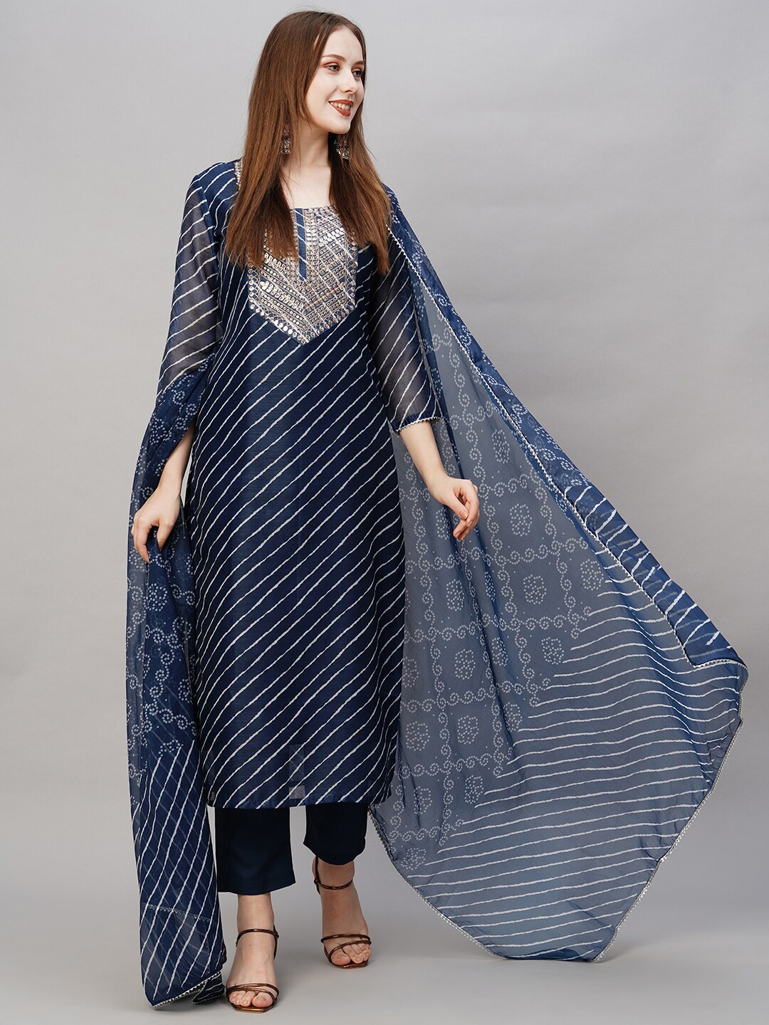 

GoSriKi Striped Thread Work Kurta with Trousers & Dupatta, Navy blue