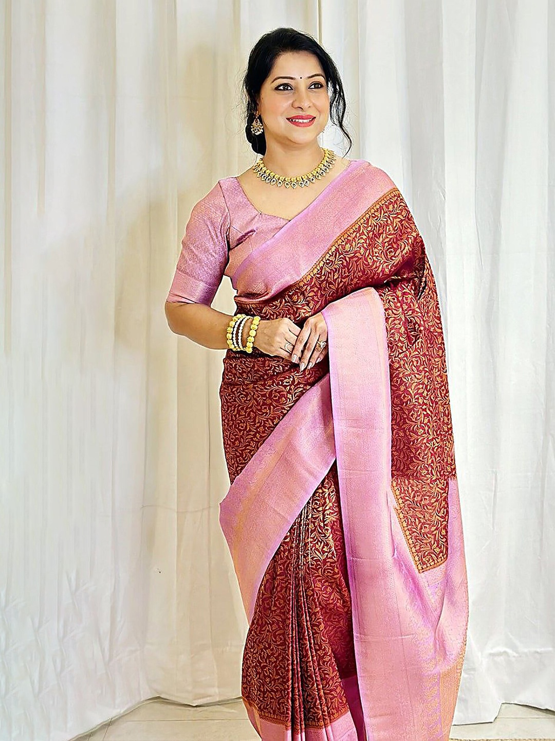 

KALINI Zari Woven Design Banarasi Silk Saree, Pink