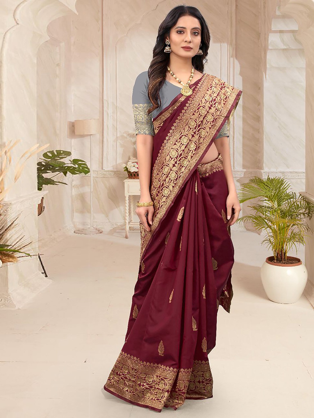

KALINI Woven Design Zari Kanjeevaram Saree, Maroon