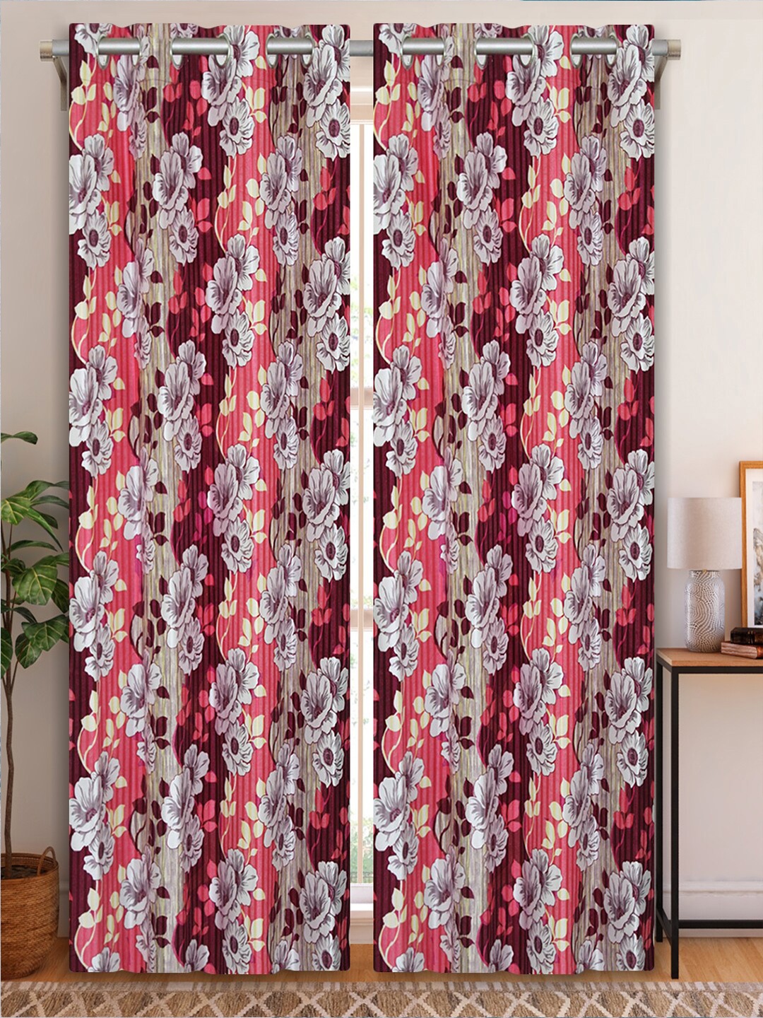 

Aura Maroon & White 2 Pieces Floral Door Curtain