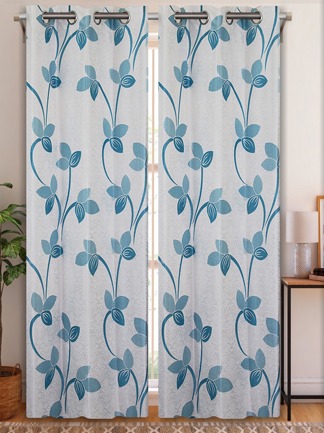 

Aura Blue & White 2 Pieces Floral Door Curtain