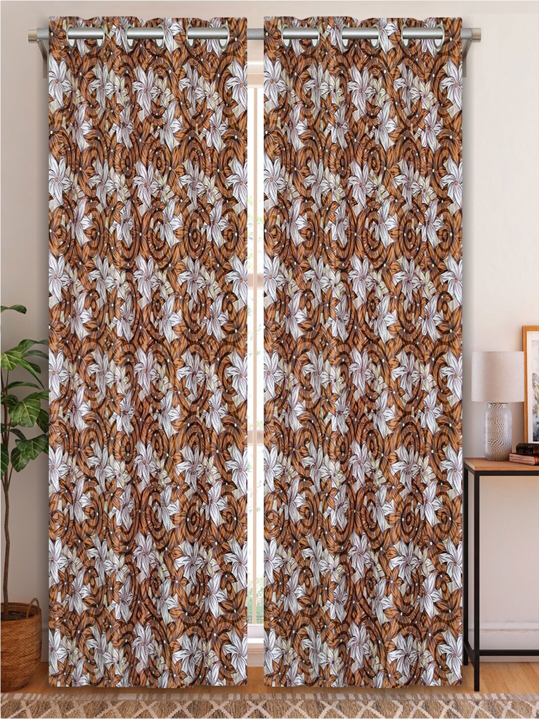 

Aura Brown & White 2Pcs Floral Room Darkening Door Curtain