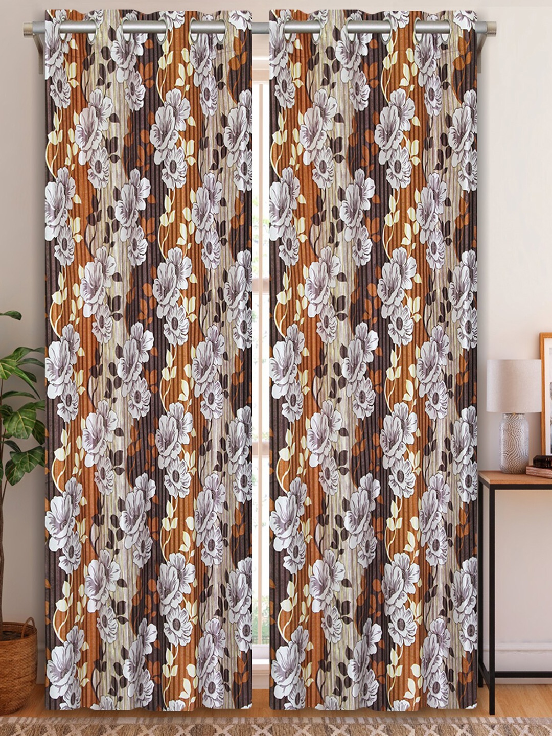 Aura Brown & White 2Pcs Floral Room Darkening Door Curtain
