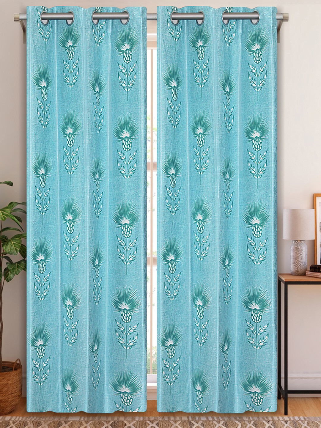 

Aura Blue & White 2Pcs Floral Room Darkening Door Curtain