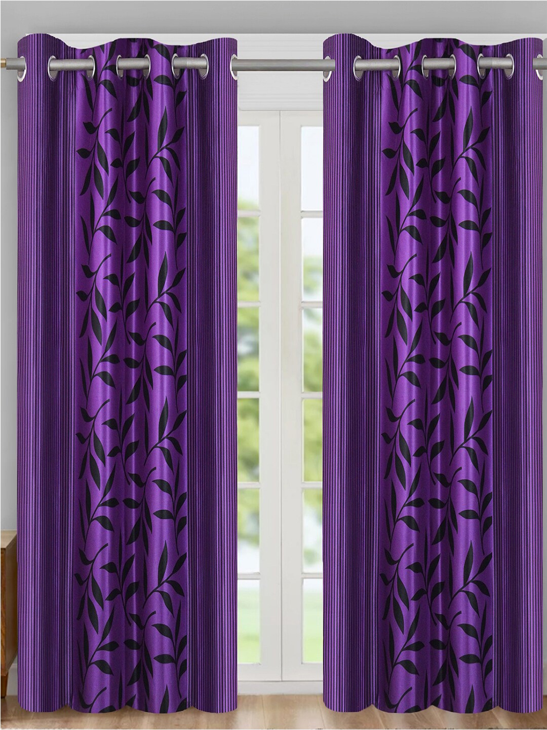 Aura Purple & Black 2Pcs Floral Room Darkening Door Curtain