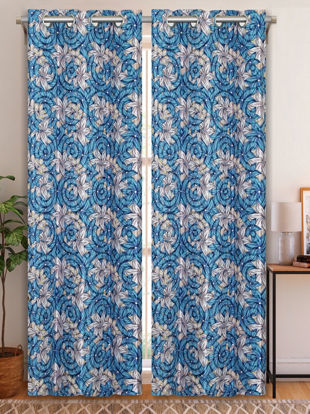 

Aura Blue & White 2Pcs Floral Room Darkening Door Curtain