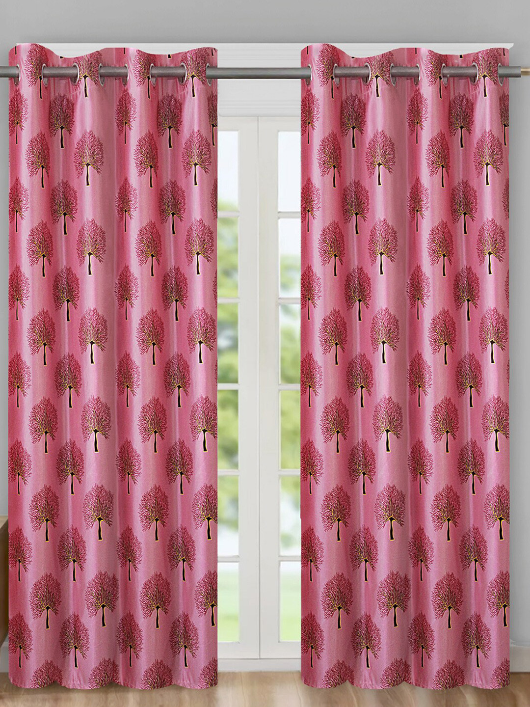 

Aura Pink & Black 2 Pieces Floral Printed Room Darkening Door Curtain