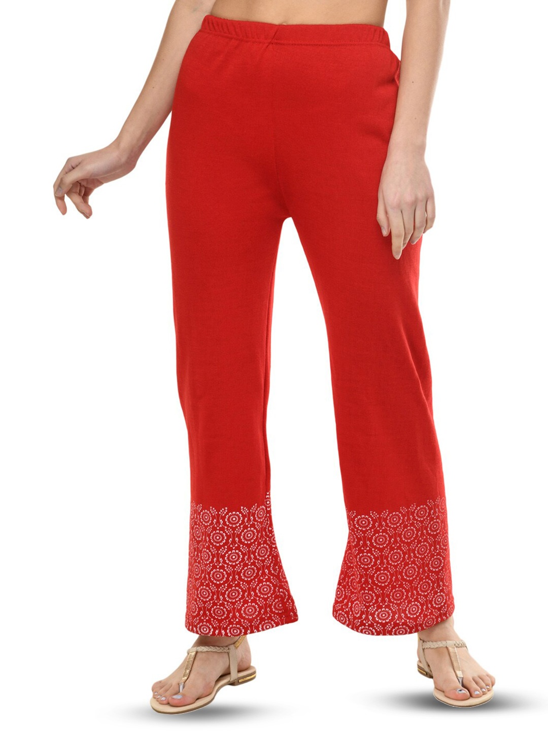 

BAESD Women Floral Hem Design Flared Knitted Palazzos, Red