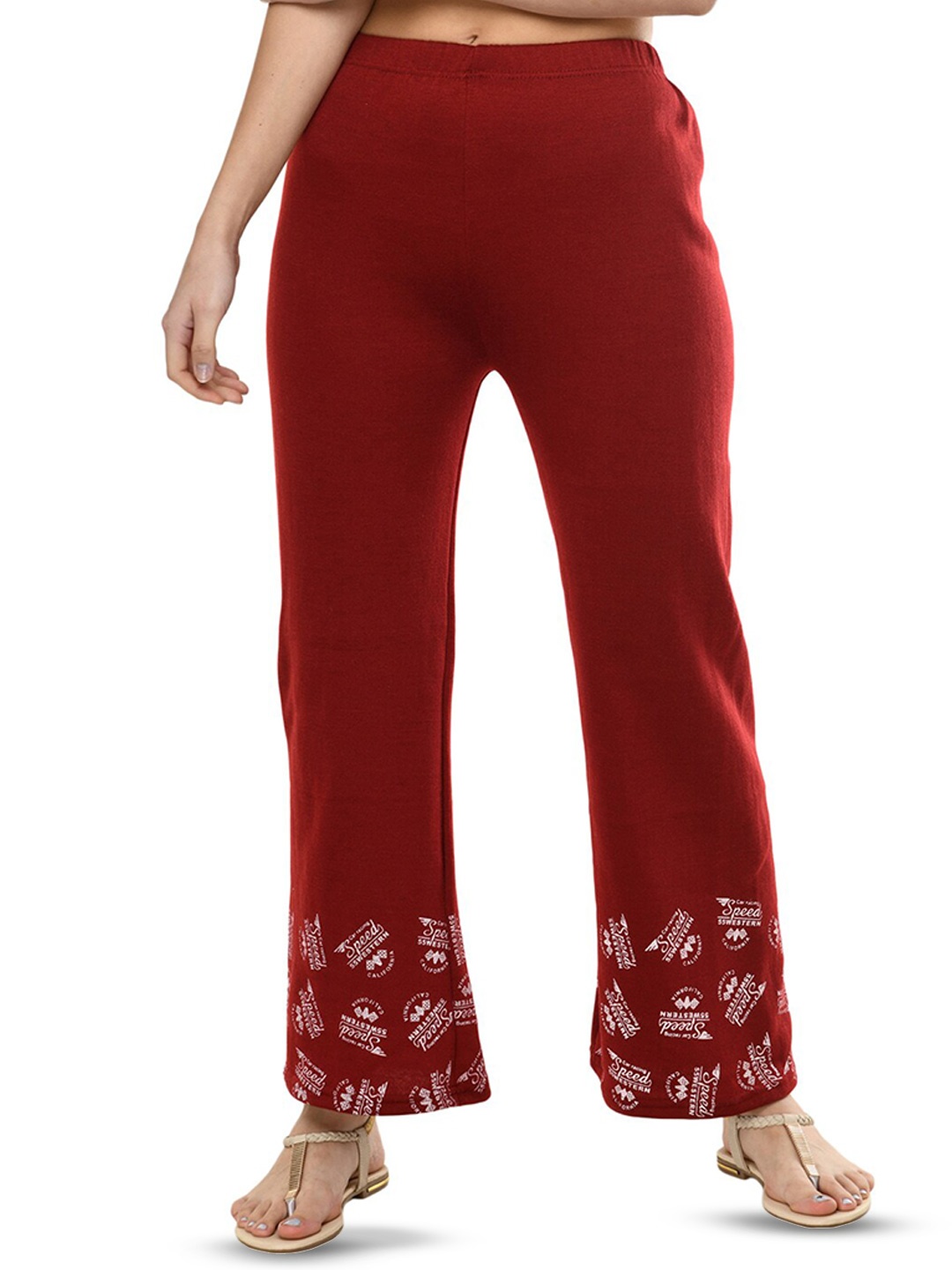 

BAESD Typography Floral Hem Design Flared Knitted Palazzos, Maroon