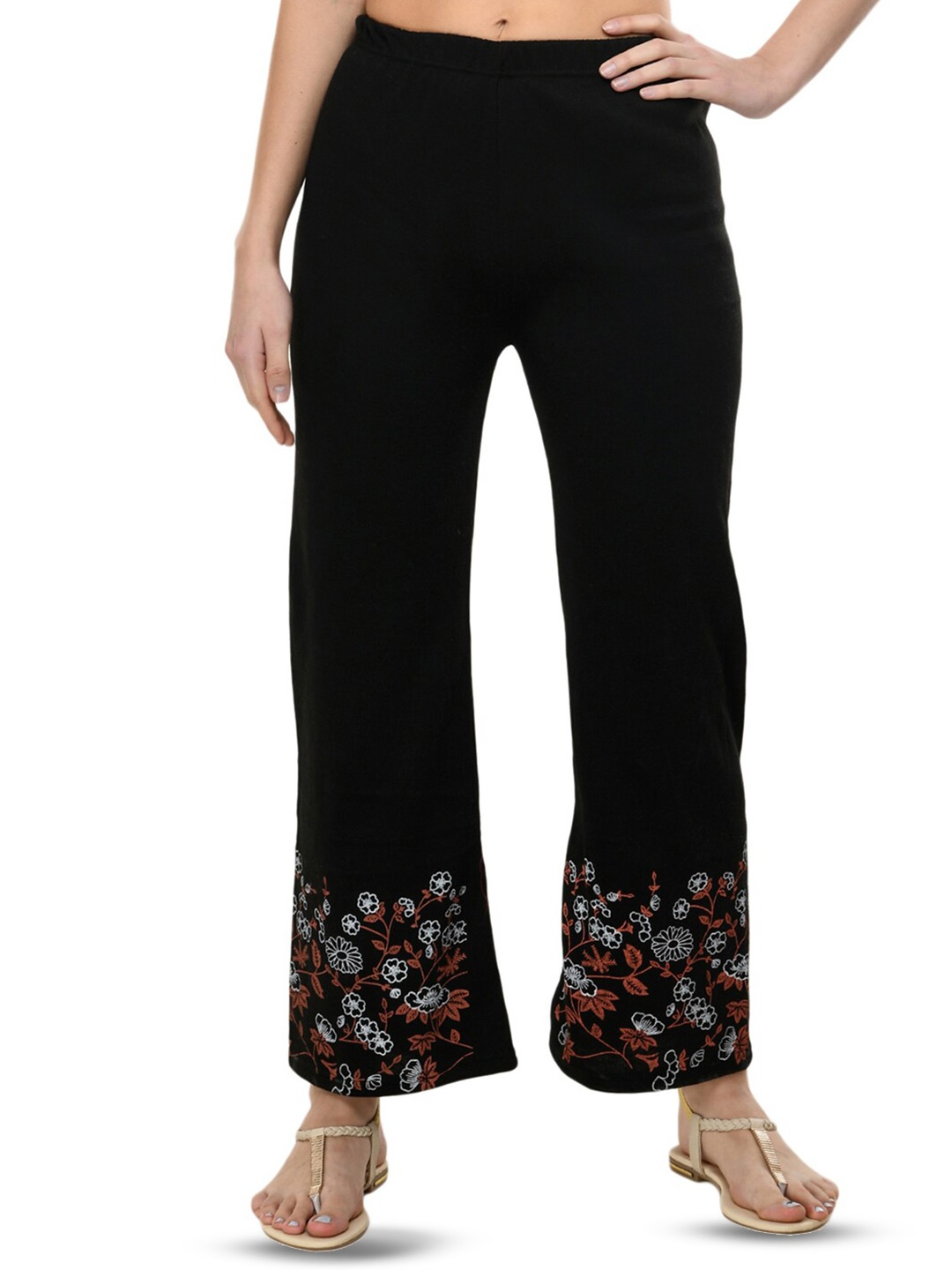 

BAESD Floral Printed Flared Knitted Wool Ethnic Palazzos, Black