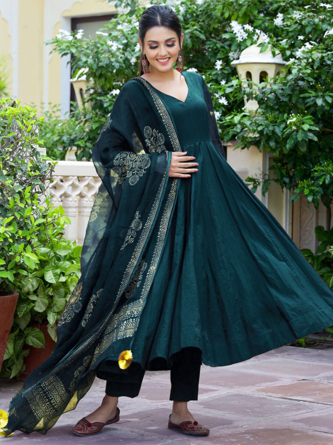 

GoSriKi Empire Anarkali Kurta With Trousers & Dupatta, Teal