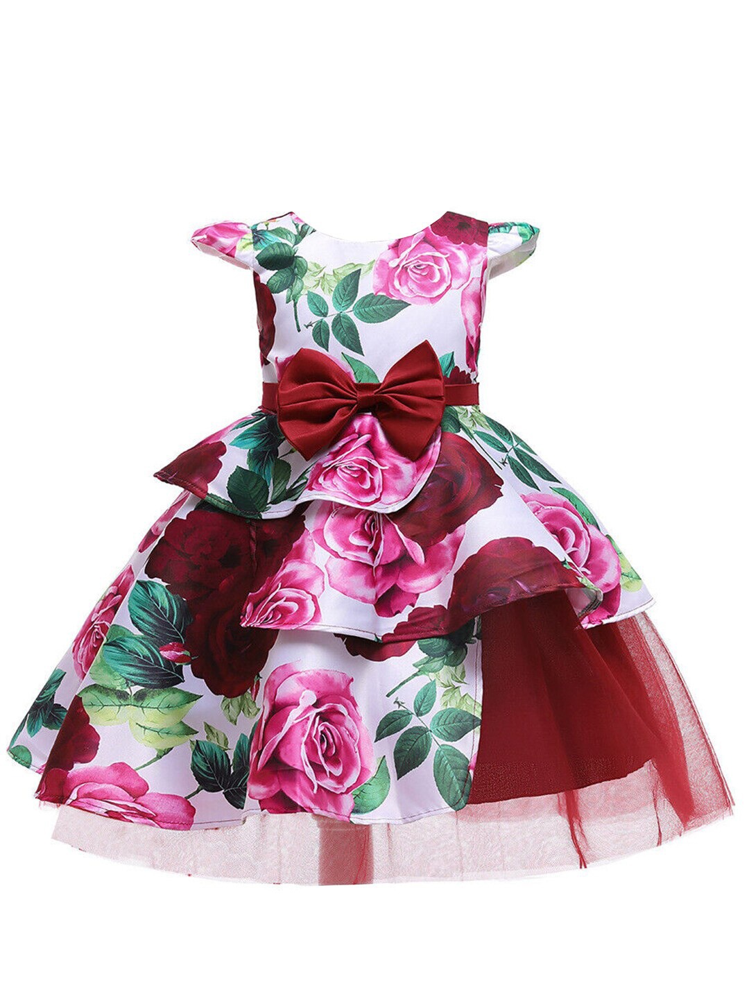 

BAESD Girls Floral Printed Cap Sleeves Layered Net Fit & Flare Dress, Red