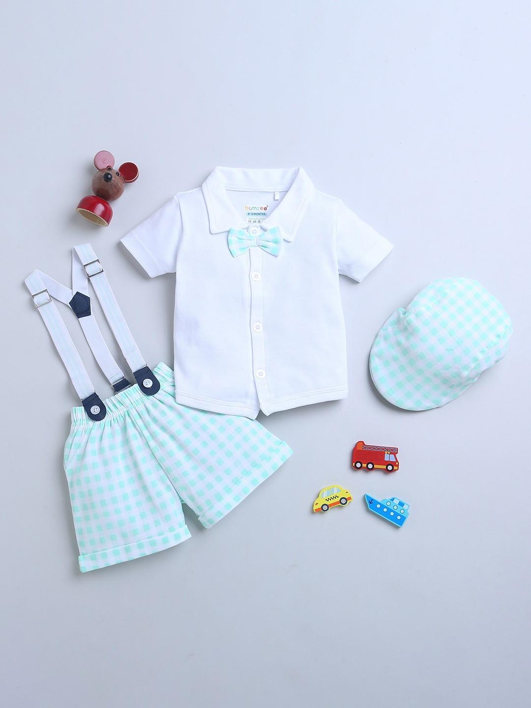 

BUMZEE Boys Pure Cotton Clothing Set With Bow Suspender & Cap, Green