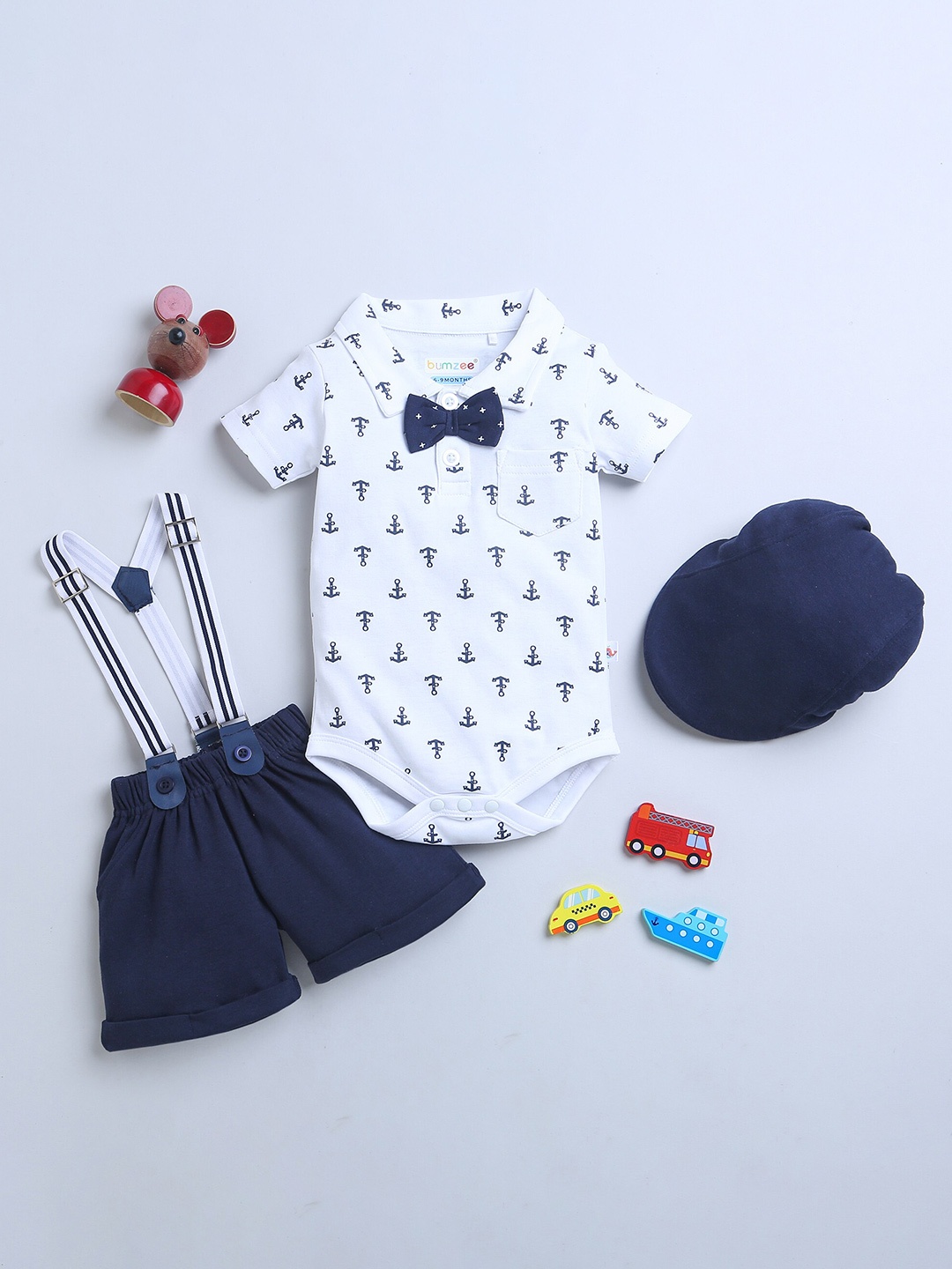 

BUMZEE Boys Pure Cotton Clothing Set With Bow Suspender & Cap, Navy blue
