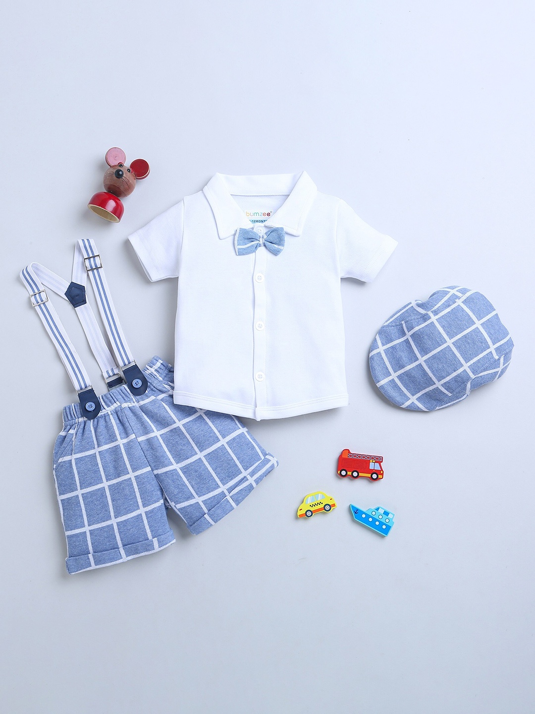 

BUMZEE Boys Pure Cotton Clothing Set With Bow Suspender & Cap, Blue