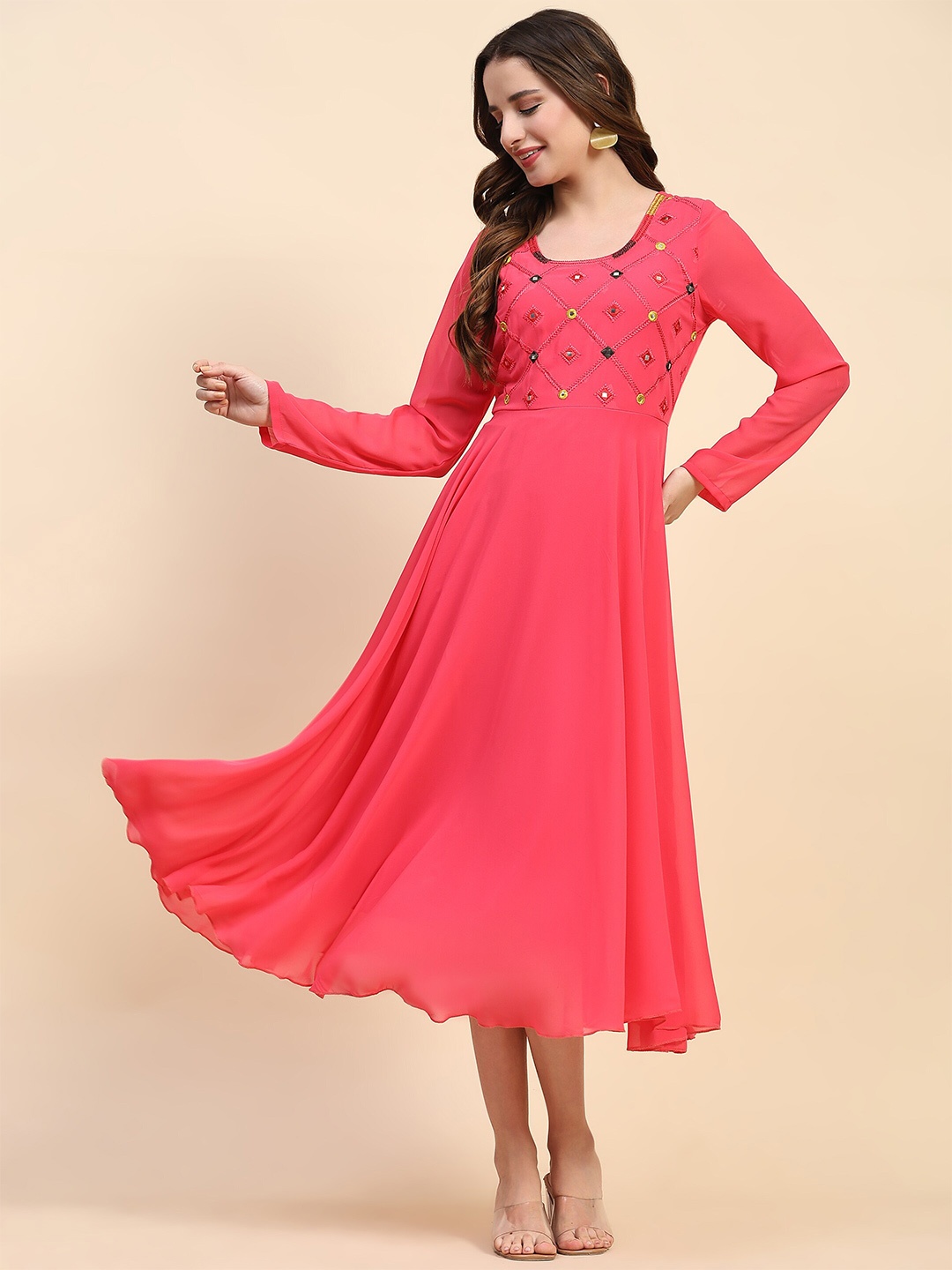 

HELLO DESIGN Embroidered Fit & Flare Midi Dress, Peach