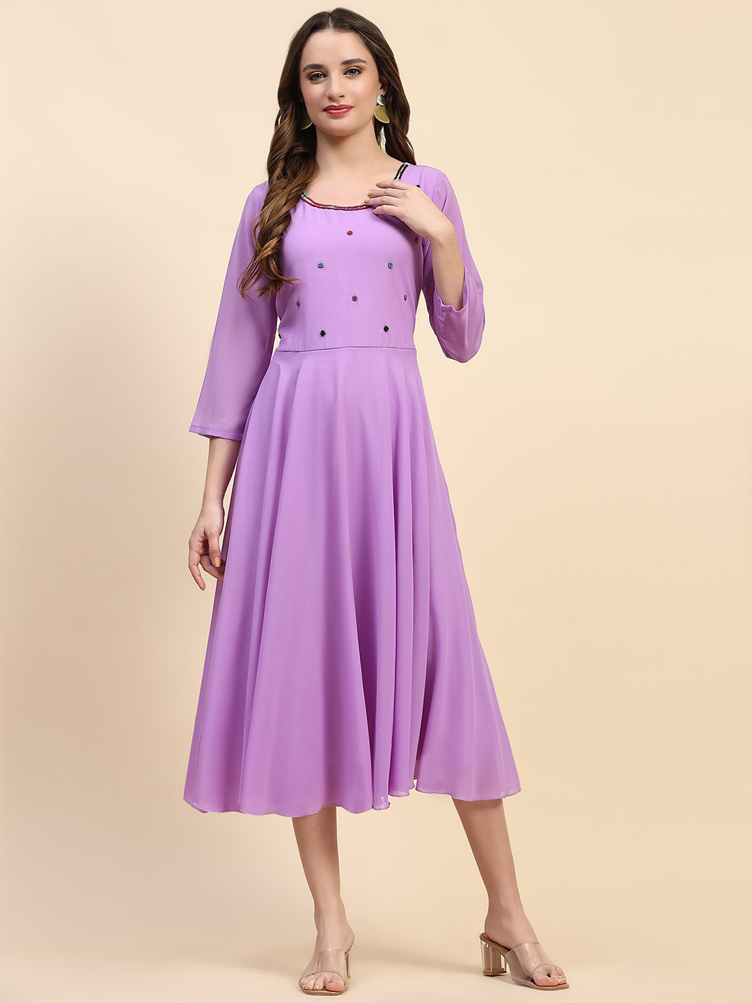 

HELLO DESIGN Beads Embellished Fit & Flare Midi Dress, Purple