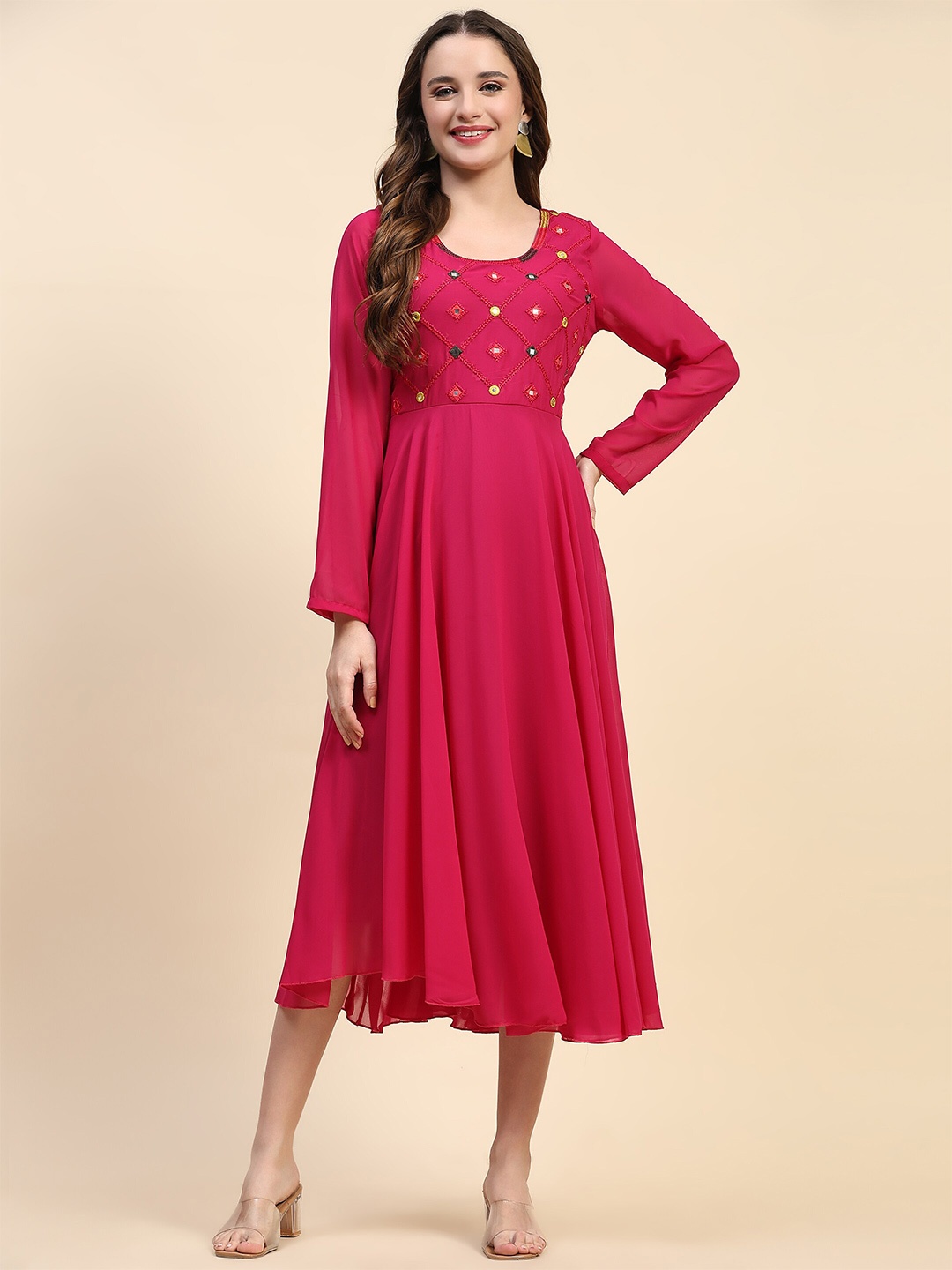 

HELLO DESIGN Ethnic Motifs Embroidered Mirror Work Georgette Fit & Flare Midi Ethnic Dress, Pink