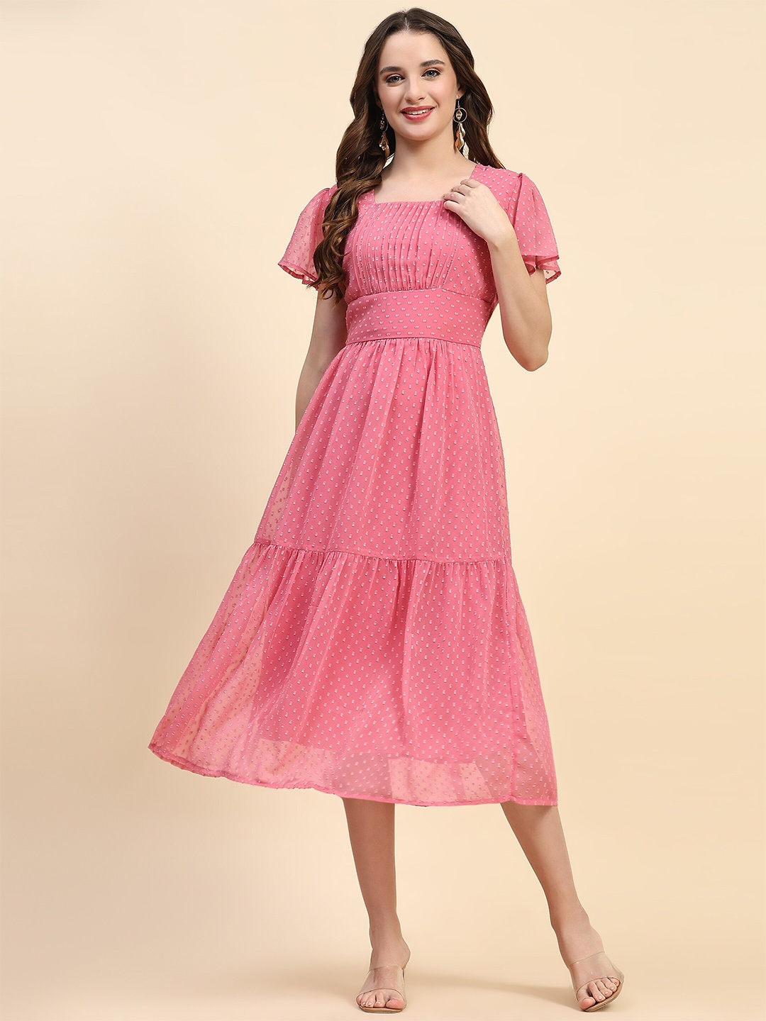 

HELLO DESIGN Self Design Georgette Tiered Fit & Flare Midi Dress, Peach