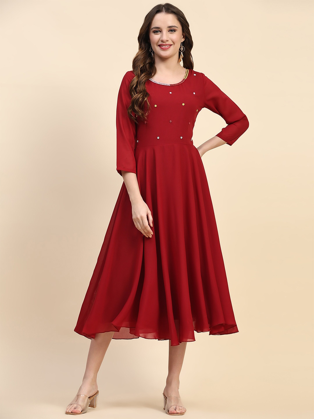 

HELLO DESIGN Embellished Beaded Georgette Fit & Flare Midi Ethnic Dress, Maroon