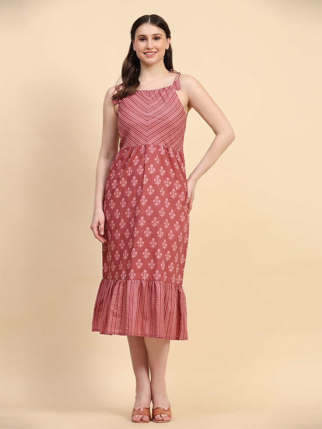 

HELLO DESIGN Ethnic Motif Printed A-Line Midi Dress, Peach