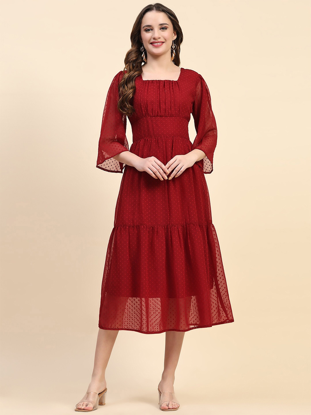 

HELLO DESIGN Square Neck Georgette A-Line Midi Dress, Maroon