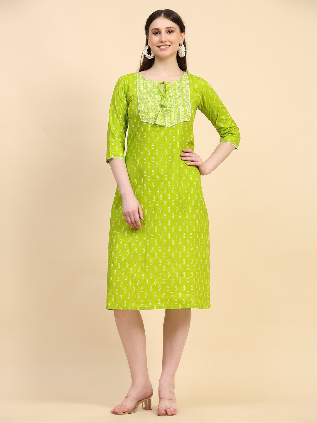 

HELLO DESIGN Ethnic Motifs Printed Cotton A-Line Ethnic Dress, Yellow